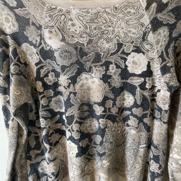 Tempo Paris Blouse SMALL Flowery Print Bohemian Hippie Top Neutral Flowers Tan - Picture 7 of 9